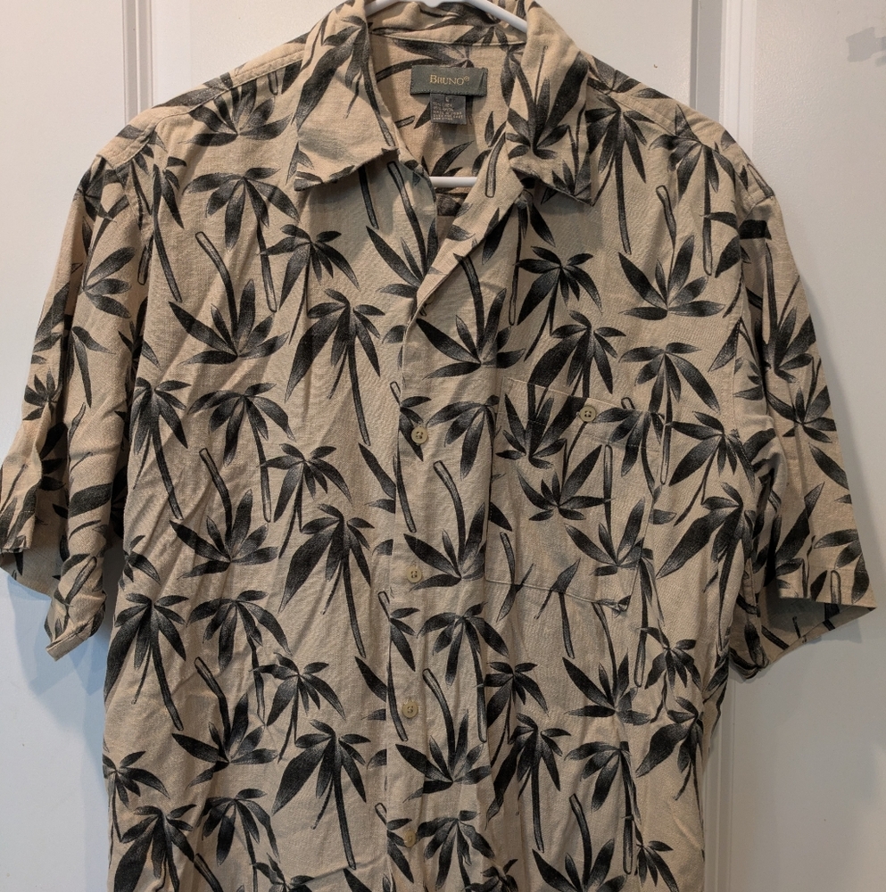 Bruno Bamboo Leaf Tropical Camp Shirt Tan Black Men’s Large Linen Blend